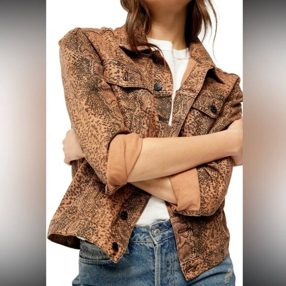 Free People Brown Snake Print Button Front Denim Trucker Jacket - Picture 11 of 13